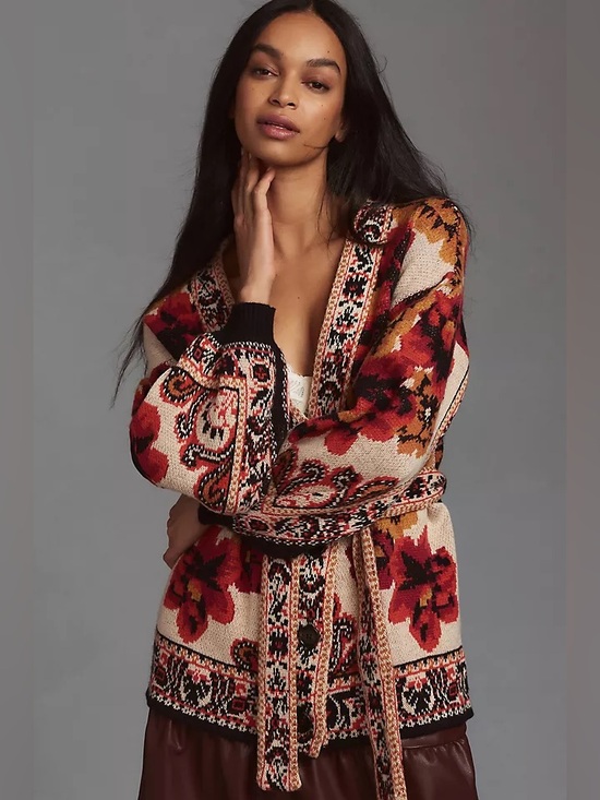 FARM Rio Sweaters - FARM RIO Sand Winter Tapestry Knit Cardigan Belted Sweater Cream Red Floral